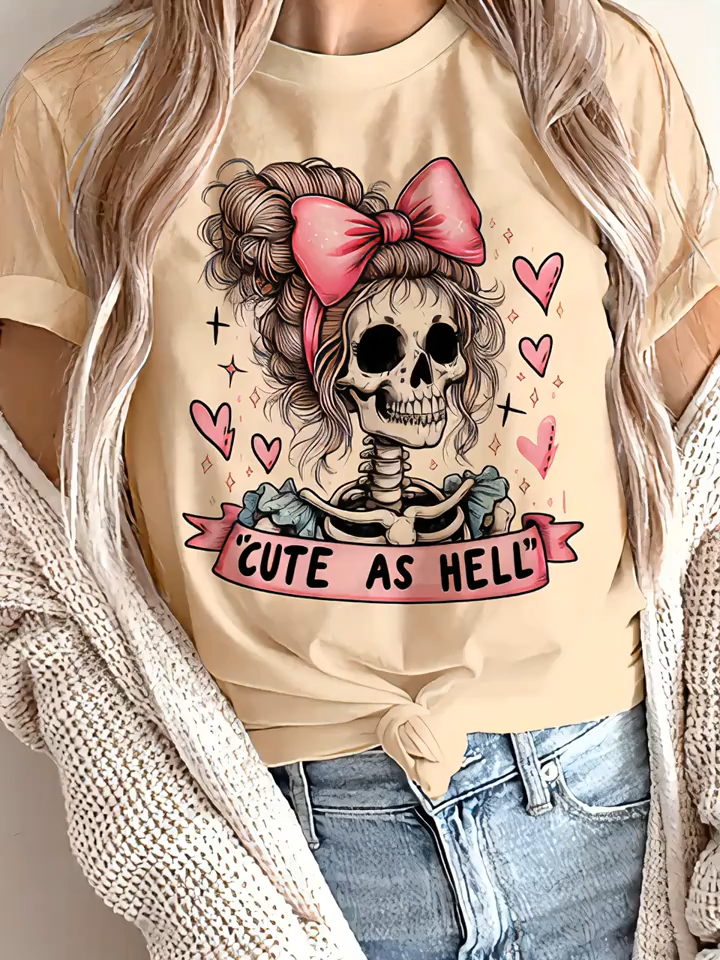 Women's Halloween Skeleton Graphic T-Shirt - "CUTE AS HELL" Slogan with Floral Hearts & Stars Print, Casual Round Neck Tee, Breathable Semi-Sheer Fabric, Machine Washable for Festive Outfits & Casual Attire, Halloween Clothes, Seasonal Fashion, Mediu